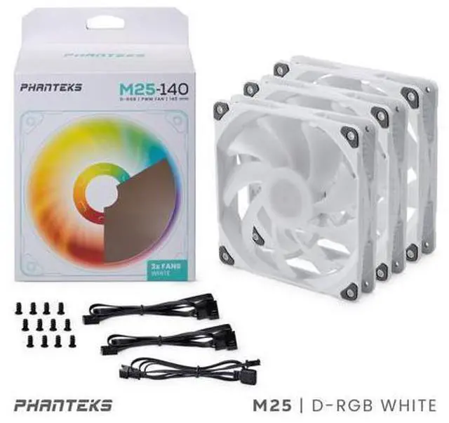 Main image of Phanteks M25-140 D-RGB fan, High-Airflow radiator performance, PWM control up to 1800RPM, ARGB/DRGB lighting, Daisy-Chain cable, White ,3 Pack