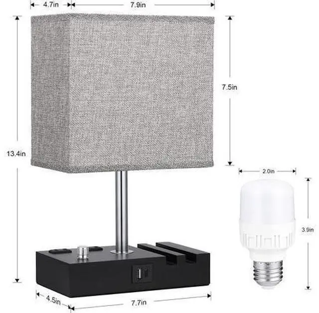 Main image of Fully Dimmable Nightstand Lamp for Bedroom with USB C Ports, Grey Small USB Bedside Table Lamp with Charging Outlets and Phone Stands, Wooden Desk Lamp for Living Room, LED Bulb Included