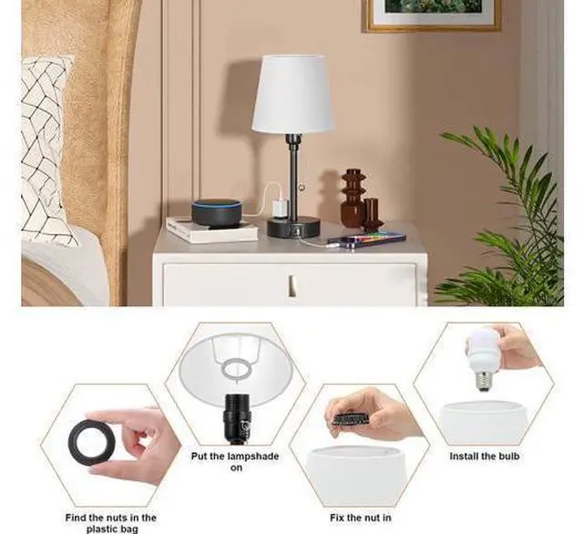 Main image of Bedside Lamps for Bedrooms Set of 2 Nightstand - Table Lamp with 3 Color Modes 2700K-5000K, Small Lamp with USB C+A Charging Port and AC Outlet, White Lamp for Side Table, Mini Bed Side Lamp for Kids