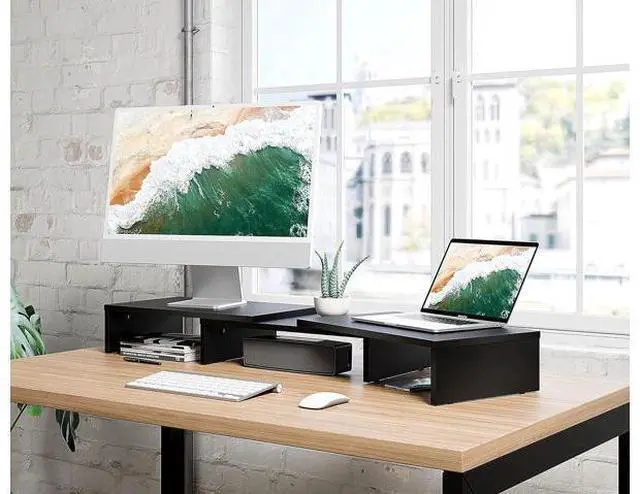 Main image of Desk Dual Monitor Stand Riser - Computer Stand For Desktop Monitor, Desk Shelf For Monitor, Wood Monitor Stand With Adjustable Length And Angle, Desktop Organizer, Large Monitor Stand (Black)