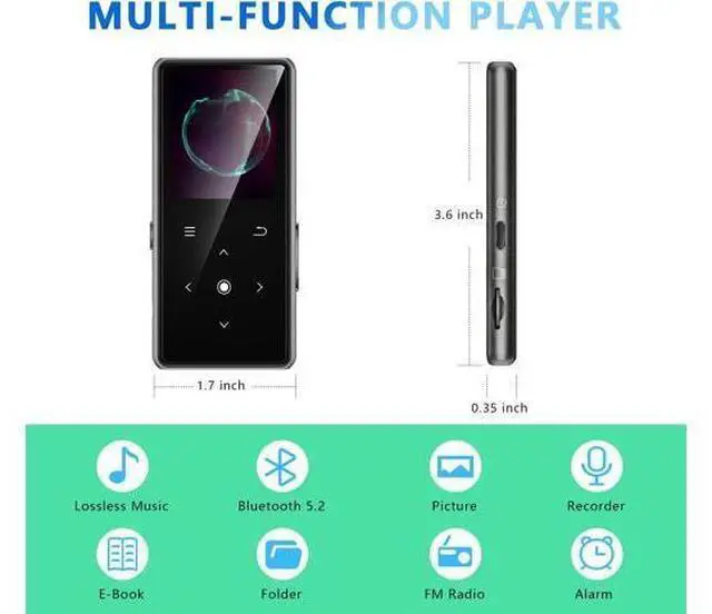 Main image of 64GB MP3 Player with Bluetooth 5.2, AiMoonsa Music Player with Built-in HD Speaker, FM Radio, Voice Recorder, HiFi Sound, E-Book Function, Earphones Included