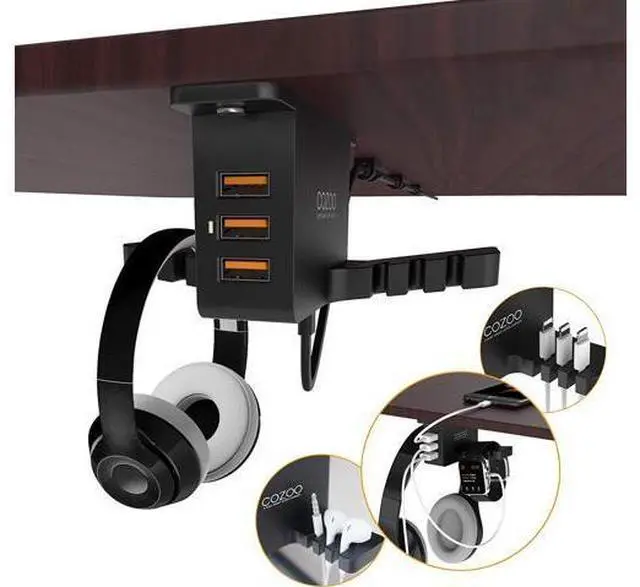 Main image of Headphone Stand with USB Charger COZOO Under Desk Headset Holder Mount with 3 Port USB Charging Station and iWatch Stand Smart Watch Charging Dock Dual Earphone Hanger Hook,UL Tested