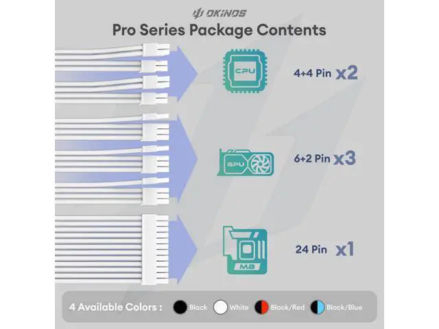 Alt view image 7 of 7 - Okinos Dual 4+4 Pin EPS PSU Cables, Cable Extension PC, 16 AWG, 1x24 Pin ATX / 2X(4+4) Pin EPS / 3X(6+2) Pin PCI-E, PSU Extension Cable Kit, 30cm Length, Black