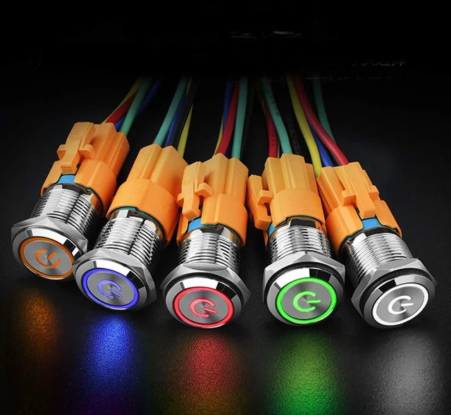 Alt view image 4 of 6 - Latching Pushbutton Switch 16mm 5/8" 12V-24V 5A Power Angel Eye LED Light Metal