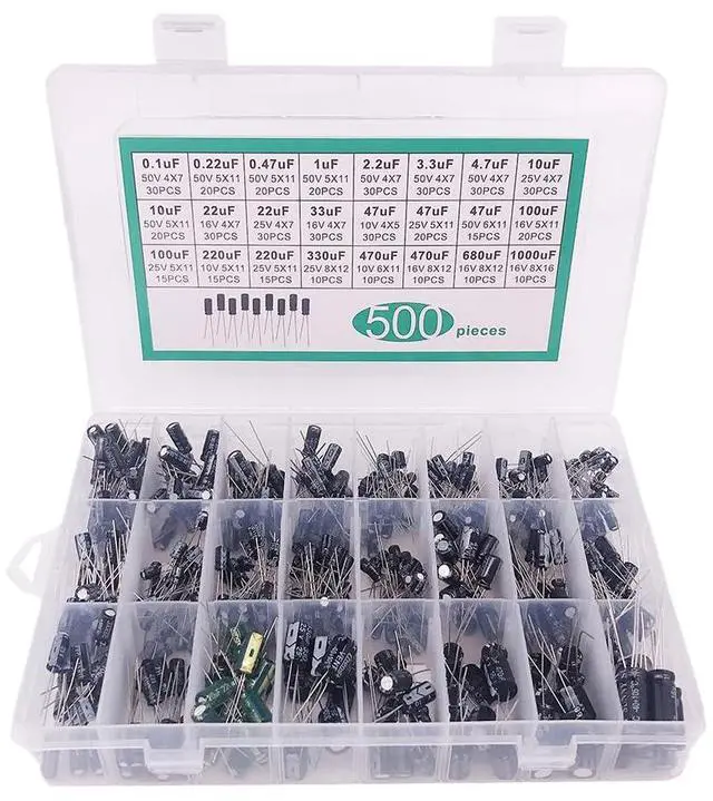 Main image of 500pcs Electrolytic Capacitor Assortment Kit Box 0.1uF-1000uF 24 Values Mixed DIP Electrolytic Capacitors Kit 10V 16V 25V 50V with Transparent Storage Box