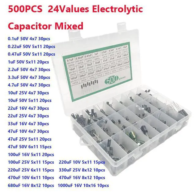 Alt view image 2 of 7 - 500pcs Electrolytic Capacitor Assortment Kit Box 0.1uF-1000uF 24 Values Mixed DIP Electrolytic Capacitors Kit 10V 16V 25V 50V with Transparent Storage Box