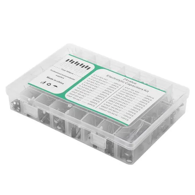Alt view image 4 of 7 - 500pcs Electrolytic Capacitor Assortment Kit Box 0.1uF-1000uF 24 Values Mixed DIP Electrolytic Capacitors Kit 10V 16V 25V 50V with Transparent Storage Box