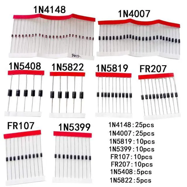Alt view image 2 of 4 - 100pcs Schottky Diode Assorted Kit 100pcs 8 Values 1N4148 1N4007 1N5819 1N5399 1N5408 1N5822 FR107 FR207