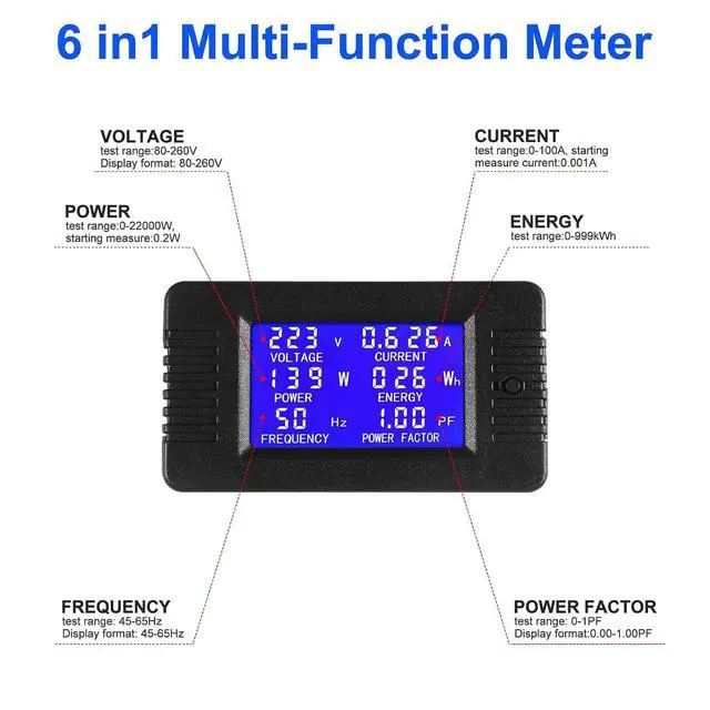Alt view image 4 of 7 - AC Digital Meter,AC 80-260V 100A LCD Display Digital Current Voltage Power Energy Frequency Power Factor Multimeter Ammeter Voltmeter 100A(Split Core Current Transformer)