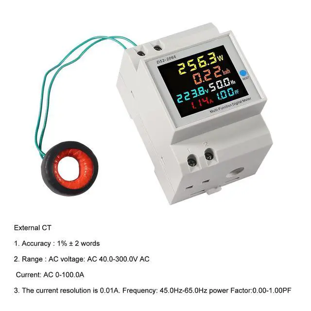 Alt view image 7 of 7 - AC Power Meter Digital Voltmeter Ammeter AC 40-300V 100A Din Rail Frequency Factor Current Ampere Voltage Energy Display 6 in1 Single Phase Multifuction Electricity Usage Monitor (External CT)