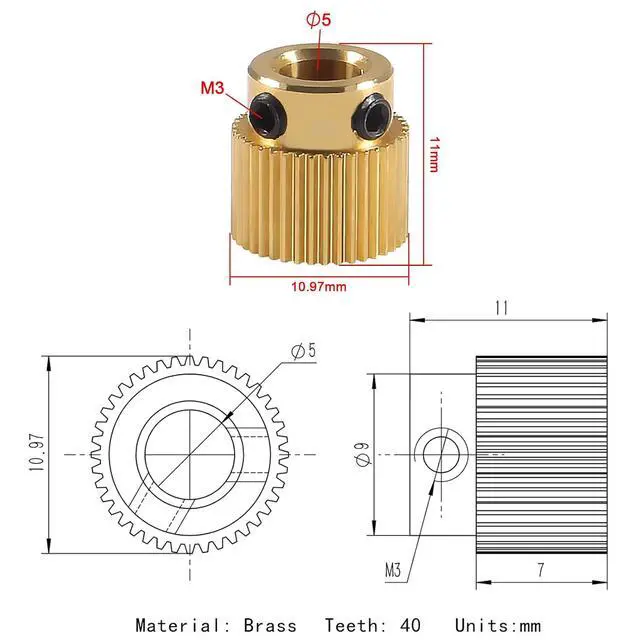 Alt view image 2 of 6 - 15pcs Extruder Wheel 40 Teeth Gear Brass Extruder Wheel Gear 3D Printer Parts Compatible with CR-10,CR-10S,S4,S5,Ender 3,Ender 3 Pro
