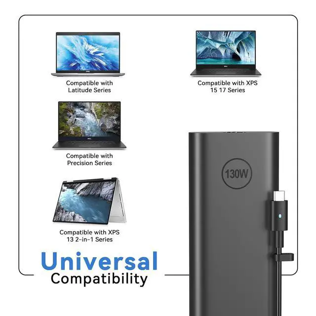 Alt view image 6 of 7 - 130W 100W USB-C Slim AC Adapter Power Charger Compatible with 7520 7530 7640 7650 9330 9410 9420 9430 9440 9450 9510 9520