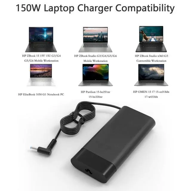 Alt view image 6 of 7 - 150W 7.7A Charger Compatible with 15-ce019dx 15.6 inch L32661-001 917649-850 776620-001 Gaming Laptop Power Adapter Cord ZBook X G1i 16 Mobile Workstation PC 120W Power Adapter 4.5 * 3.0mm