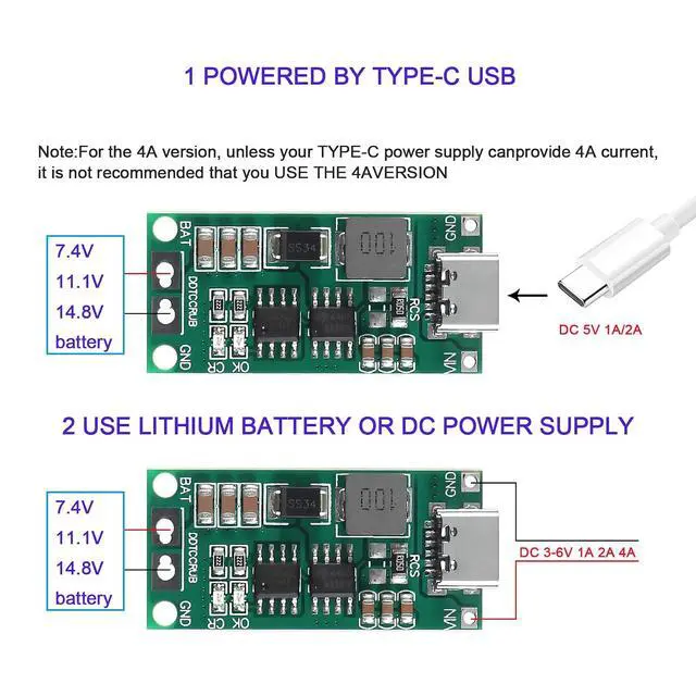 Alt view image 7 of 7 - 2PCS Multi-Cell 2S 3S 4S Type-C USB Boost Converter to 8.4V 12.6V 16.8V Step-Up Power Module LiPo Polymer Li-Ion Charger Protection Board (3S 4A)