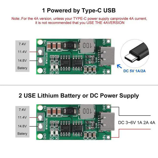 Alt view image 6 of 7 - 2PCS Multi-Cell 2S 3S 4S Type-C USB Boost Converter to 8.4V 12.6V 16.8V Step-Up Power Module LiPo Polymer Li-Ion Charger Protection Board (3S 2A)