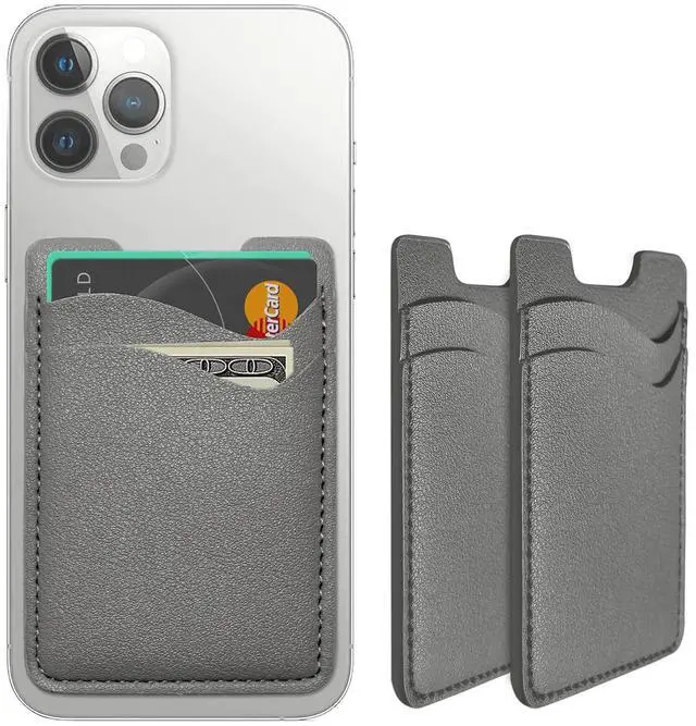 Main image of Leather Phone Card Holder - Stick On Wallet, Compatible with & , 2-Pack Grey