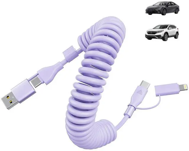Main image of Carplay 4-in-1 Coiled USBA/Type C to USB-C/Lightning Multi Charge Cable for Carplay& Android Auto,60W Fast Charge&Data Sync Car Charger Cord for 15/14/13/12,,Android-Purple
