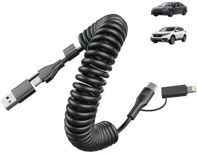 Main image of Carplay 4-in-1 Coiled USBA/Type C to USB-C/Lightning Multi Charge Cable for Carplay& Android Auto,60W Fast Charge&Data Sync Car Charger Cord for 15/14/13/12,,Android-Black
