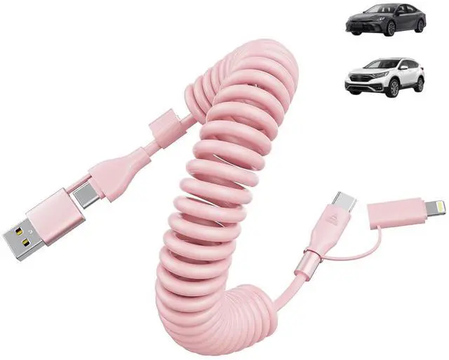 Main image of Carplay 4-in-1 Coiled USBA/Type C to USB-C/Lightning Multi Charge Cable for Carplay& Android Auto,60W Fast Charge&Data Sync Car Charger Cord for 15/14/13/12,,Android-Pink
