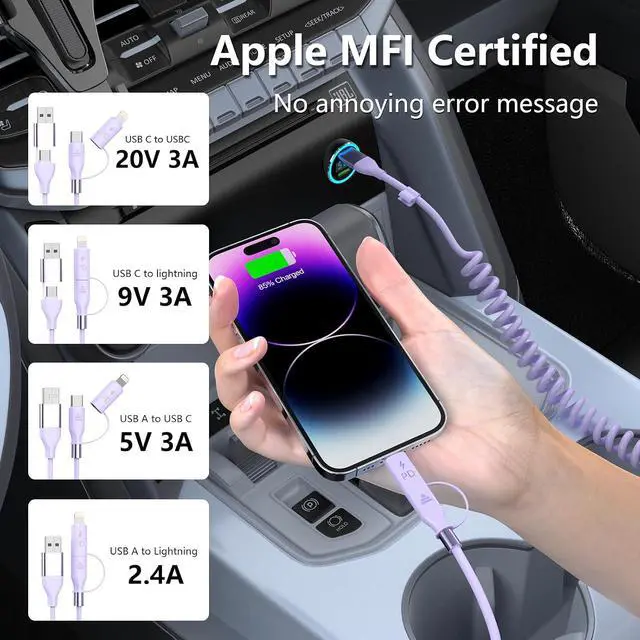 Alt view image 2 of 7 - Carplay 4-in-1 Coiled USBA/Type C to USB-C/Lightning Multi Charge Cable for Carplay& Android Auto,60W Fast Charge&Data Sync Car Charger Cord for 15/14/13/12,,Android-Purple