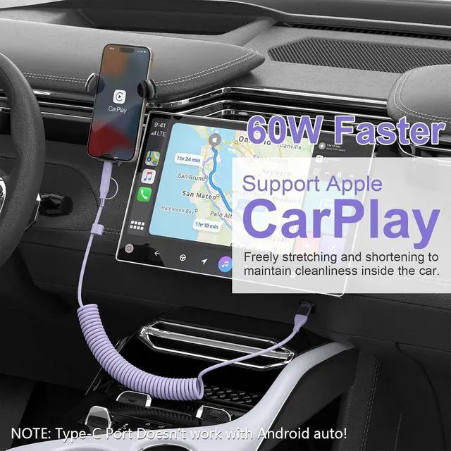 Alt view image 3 of 7 - Carplay 4-in-1 Coiled USBA/Type C to USB-C/Lightning Multi Charge Cable for Carplay& Android Auto,60W Fast Charge&Data Sync Car Charger Cord for 15/14/13/12,,Android-Purple