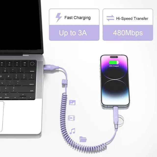 Alt view image 5 of 7 - Carplay 4-in-1 Coiled USBA/Type C to USB-C/Lightning Multi Charge Cable for Carplay& Android Auto,60W Fast Charge&Data Sync Car Charger Cord for 15/14/13/12,,Android-Purple