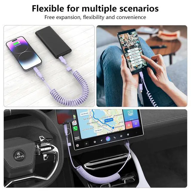Alt view image 7 of 7 - Carplay 4-in-1 Coiled USBA/Type C to USB-C/Lightning Multi Charge Cable for Carplay& Android Auto,60W Fast Charge&Data Sync Car Charger Cord for 15/14/13/12,,Android-Purple