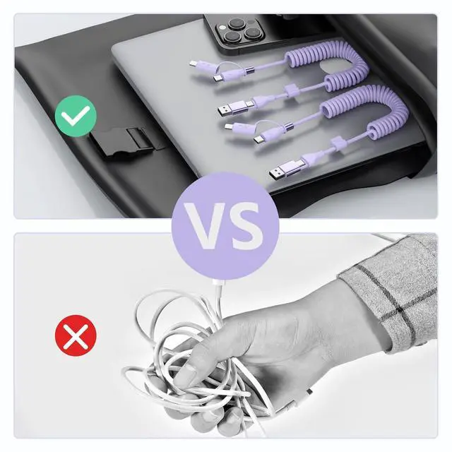 Alt view image 5 of 7 - 2 Pack Carplay Coiled Multi 4-in-1 USBA/Type C to USB-C/Lightning Cable for Carplay& Android Auto,Purple 60W Fast Charge & Data Sync Car Charger Cord for 15/14/13/12,,Android-MFi