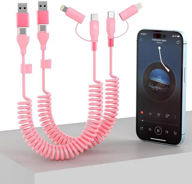 Main image of 2Pack CarPlay Coiled Multi 4-in-1 USB A/Type C to USB-C/Lightning Cable for Car,60W Fast Charge &Data Sync 4Ft Short Charger Cord for 14/13/12/11 SE/Xr/ Pro,Android,MFi-Pink