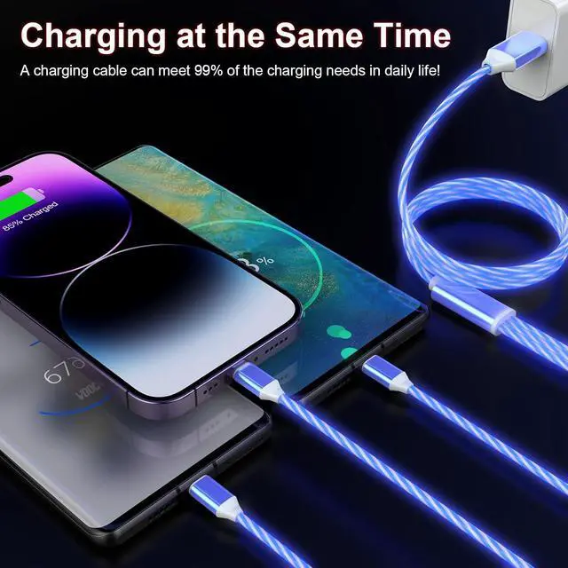 Alt view image 2 of 7 - 3-in-1 Light Up LED Flowing Lightning/Type C/Micro USB Car Glowing Charge Cable for ,Blue Multi RGB Car Charger Cord for 15/14/13/12/11 Pro Max/XR/XS/SE,/Android/-4FT