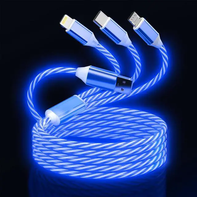 Main image of 3-in-1 Light Up LED Flowing Lightning/Type C/Micro USB Car Glowing Charge Cable for ,Blue Multi RGB Car Charger Cord for 15/14/13/12/11 Pro Max/XR/XS/SE,/Android/-4FT