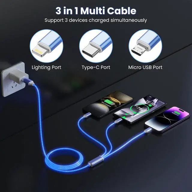 Alt view image 3 of 7 - 3-in-1 Light Up LED Flowing Lightning/Type C/Micro USB Car Glowing Charge Cable for ,Blue Multi RGB Car Charger Cord for 15/14/13/12/11 Pro Max/XR/XS/SE,/Android/-4FT