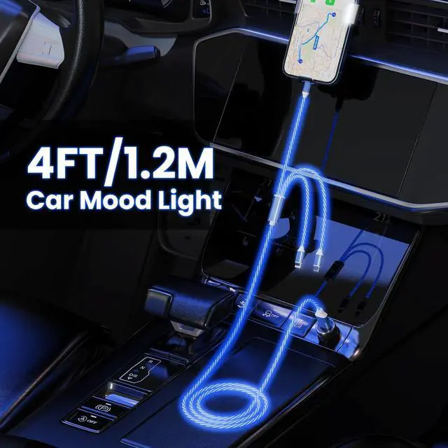 Alt view image 4 of 7 - 3-in-1 Light Up LED Flowing Lightning/Type C/Micro USB Car Glowing Charge Cable for ,Blue Multi RGB Car Charger Cord for 15/14/13/12/11 Pro Max/XR/XS/SE,/Android/-4FT