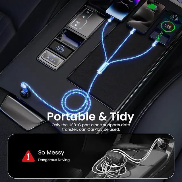 Alt view image 6 of 7 - 3-in-1 Light Up LED Flowing Lightning/Type C/Micro USB Car Glowing Charge Cable for ,Blue Multi RGB Car Charger Cord for 15/14/13/12/11 Pro Max/XR/XS/SE,/Android/-4FT