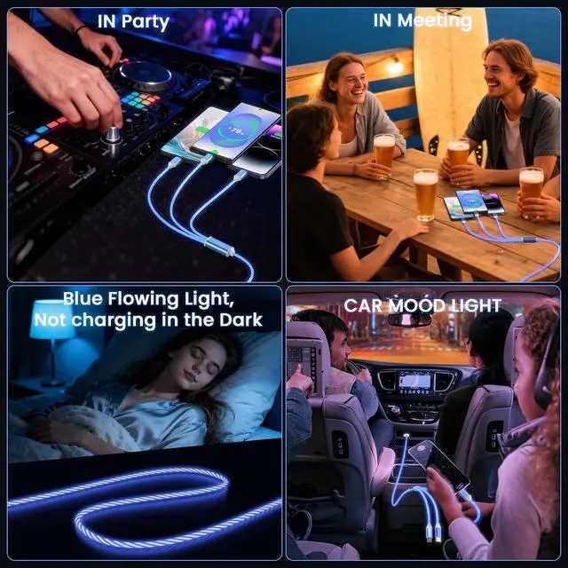 Alt view image 7 of 7 - 3-in-1 Light Up LED Flowing Lightning/Type C/Micro USB Car Glowing Charge Cable for ,Blue Multi RGB Car Charger Cord for 15/14/13/12/11 Pro Max/XR/XS/SE,/Android/-4FT