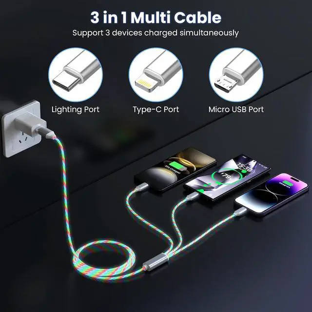 Alt view image 3 of 7 - 3-in-1 Light Up LED Flowing Lightning/Type C/Micro USB Car Glowing Charge Cable for ,Colorful Multi RGB Car Charger Cord for 14/13/12/11 Pro Max/XR/XS/SE,/Android/-4FT