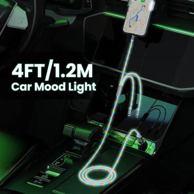 Alt view image 4 of 7 - 3-in-1 Light Up LED Flowing Lightning/Type C/Micro USB Car Glowing Charge Cable for ,Colorful Multi RGB Car Charger Cord for 14/13/12/11 Pro Max/XR/XS/SE,/Android/-4FT