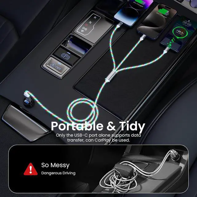 Alt view image 6 of 7 - 3-in-1 Light Up LED Flowing Lightning/Type C/Micro USB Car Glowing Charge Cable for ,Colorful Multi RGB Car Charger Cord for 14/13/12/11 Pro Max/XR/XS/SE,/Android/-4FT