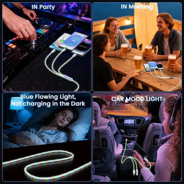 Alt view image 7 of 7 - 3-in-1 Light Up LED Flowing Lightning/Type C/Micro USB Car Glowing Charge Cable for ,Colorful Multi RGB Car Charger Cord for 14/13/12/11 Pro Max/XR/XS/SE,/Android/-4FT