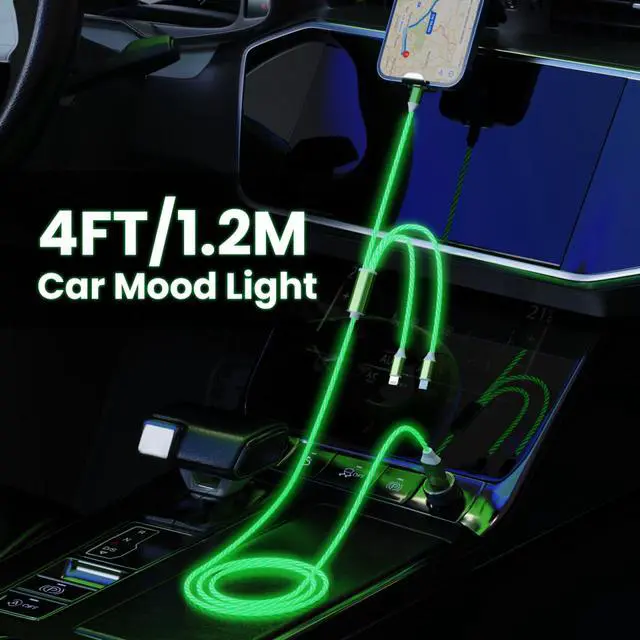 Alt view image 4 of 7 - 3-in-1 Light Up LED Flowing Lightning/Type C/Micro USB Car Glowing Charge Cable for ,Green Multi RGB Car Charger Cord for 15/14/13/12/11 Pro Max/XR/XS/SE,/Android/-4FT