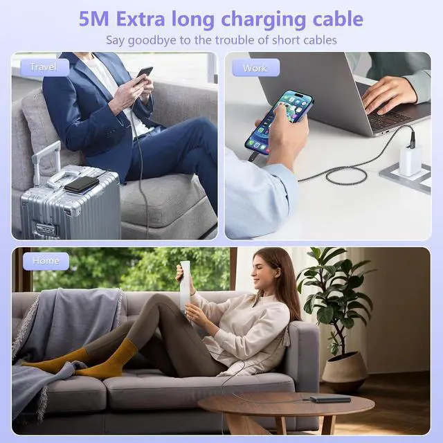 Alt view image 5 of 7 - 16FT/5M Extra Long USB C to Lightning Charger Cable for , MFi Certified Charger Cord, Fast Charging Nylon Braided Sync Data Charge Cord for 14 Pro Max/14/13Pro/12/11/X/XS/XR/8/7/