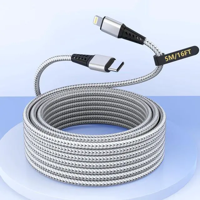 Main image of 16FT Extra Long USB C to Lightning Charger Cable for , MFi Certified Charger Cord, Nylon Braided Sync Data Charge Cord for 14 Pro Max/14/13Pro/12/11/X/XS/XR/-Silver