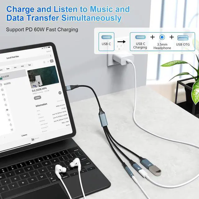 Alt view image 4 of 7 - 3-in-1 USB C to 3.5mm Headphone and USB C Charger Adapter,Type-C to USB OTG Adapter with USB+USBC Charging+3.5mm Headphone Port,USBC Splitter for 17/16/15//USB Flash Drive/Keyboard/Mouse