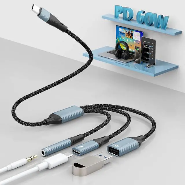 Main image of 3-in-1 USB C to 3.5mm Headphone and USB C Charger Adapter,Type-C to USB OTG Adapter with USB+USBC Charging+3.5mm Headphone Port,USBC Splitter for 17/16/15//USB Flash Drive/Keyboard/Mouse