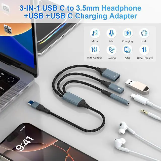 Alt view image 3 of 7 - 3-in-1 USB C to 3.5mm Headphone and USB C Charger Adapter,Type-C to USB OTG Adapter with USB+USBC Charging+3.5mm Headphone Port,USBC Splitter for 17/16/15//USB Flash Drive/Keyboard/Mouse