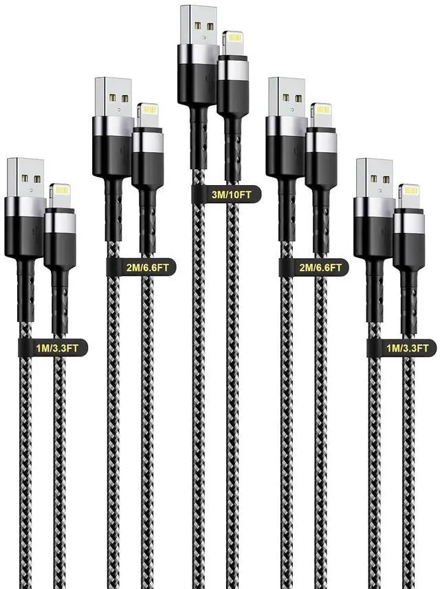Main image of 5Pack Short + Long Charge Cable1M/3FT*2+2M/6FT*2+3M/10FT*1,USB A to Lightning Cable Nylon Braided Sync Data Charger Cord for 14 13 12 11 Pro Max Xr X 8 7 6 Plus SE
