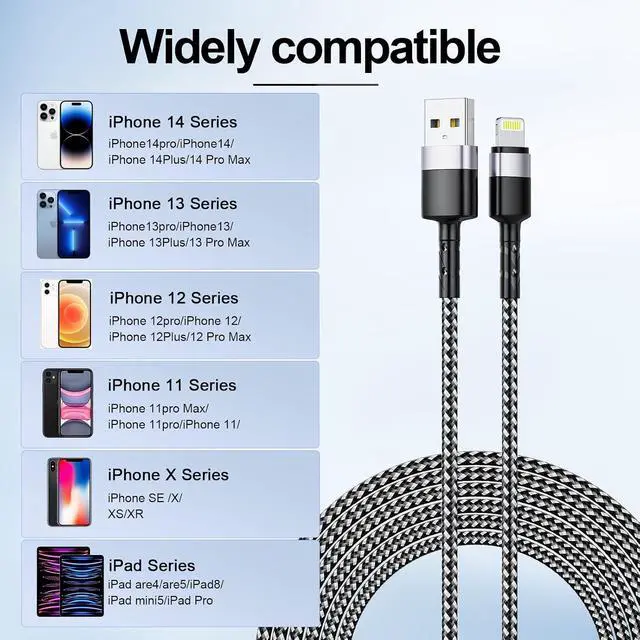 Alt view image 2 of 7 - 5Pack Short + Long Charge Cable1M/3FT*2+2M/6FT*2+3M/10FT*1,USB A to Lightning Cable Nylon Braided Sync Data Charger Cord for 14 13 12 11 Pro Max Xr X 8 7 6 Plus SE