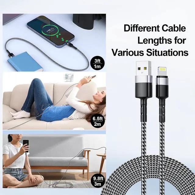 Alt view image 7 of 7 - 5Pack Short + Long Charge Cable1M/3FT*2+2M/6FT*2+3M/10FT*1,USB A to Lightning Cable Nylon Braided Sync Data Charger Cord for 14 13 12 11 Pro Max Xr X 8 7 6 Plus SE