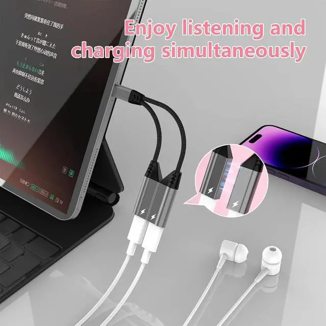 Alt view image 2 of 7 - Magnetic 2-in-1 to Dual Lightning Audio Jack Headphone and Charger Cable Splitter,Earphone Converter Adapter Support Music+Charge+HiFi+Mic for 14 Pro/14 13 12, MFi Certified