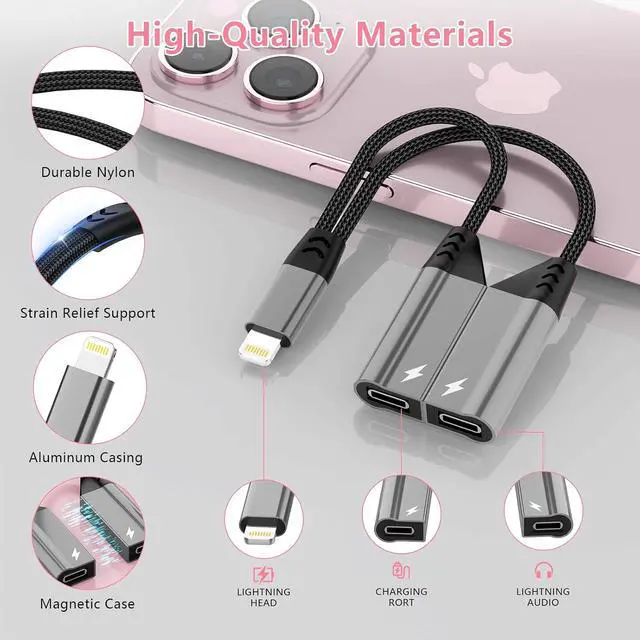 Alt view image 5 of 7 - Magnetic 2-in-1 to Dual Lightning Audio Jack Headphone and Charger Cable Splitter,Earphone Converter Adapter Support Music+Charge+HiFi+Mic for 14 Pro/14 13 12, MFi Certified